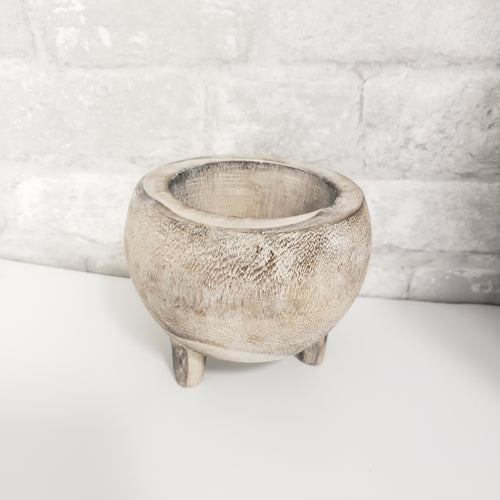 Wooden Round Small Pot with Legs  - White Washed Wood