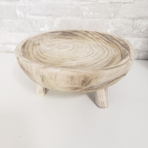 Wood Bowl with Legs -Candle Holder- White Washed